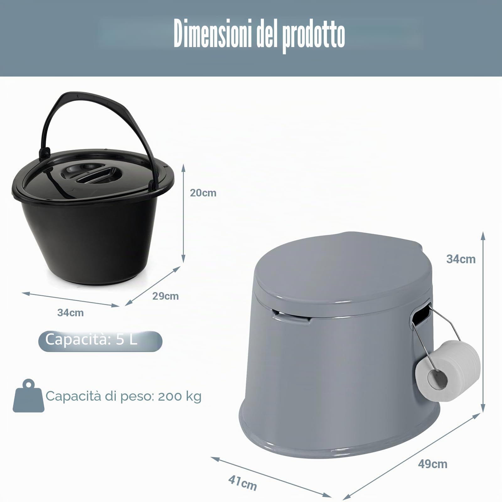 SOARS WC Portatile 5L, 49 X 41 X 34 CM, Toilette con Coperchio Anti-Odore, Secchio Interno Rimovibile, Portarotolo per Carta Igienica, Carico 200 kg, per Campeggio, Viaggi, Escursioni