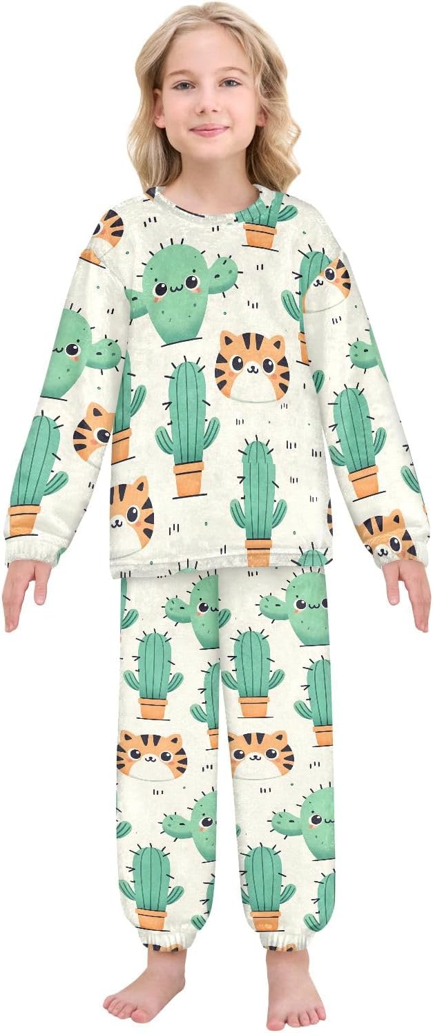 Kids Flannel Sets Cute Tiger Face and Cactus Warm Plush Relaxed Clothing for Boys and Girls