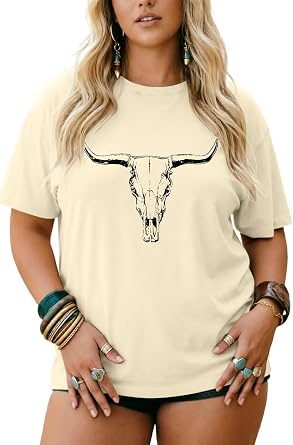 Plus Size Western Shirt for Women Cow Skull Shirt Boho Cowgirl T-Shirt Rodeo Graphic Tee Vintage Country Music Tops