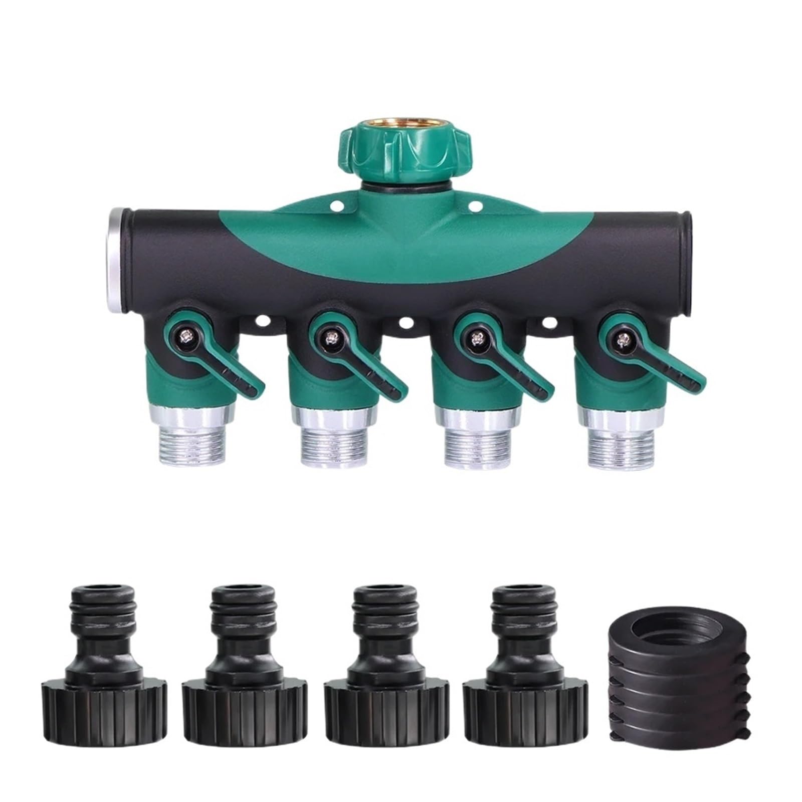 Evwgnpqrv Green- Faucet Hose Splitter, 4 Way Metal Faucet Splitter 3/4 Inch Thread Shut Off S For Garden Hose Adapter(Green-)