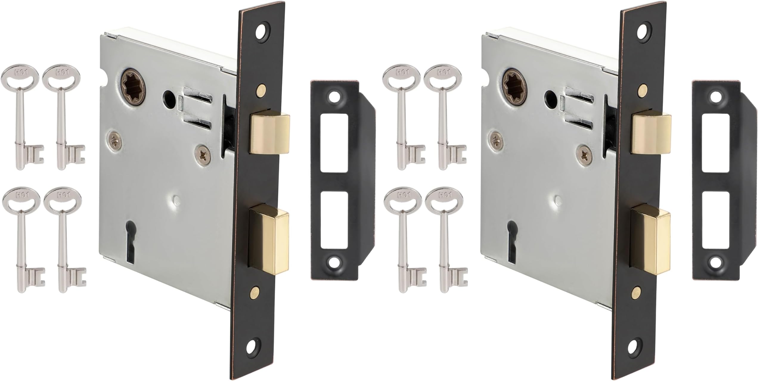 Mortise Lock Set Interior Door, Old Door Lock Replacement Parts, Antique Vintage Door Lock Hardware, Skeleton Keys and Reversible Latch, Mortise Lock Kit, Oil Rubbed Bronze Finish (Pack of 2)