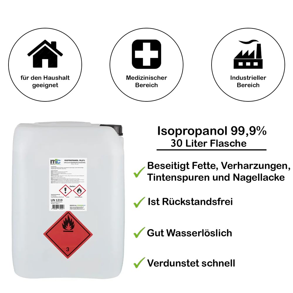 Medicalcorner24® Isopropanol 99,9% alcohol isopropílico, bidón de 30 litros, alcohol