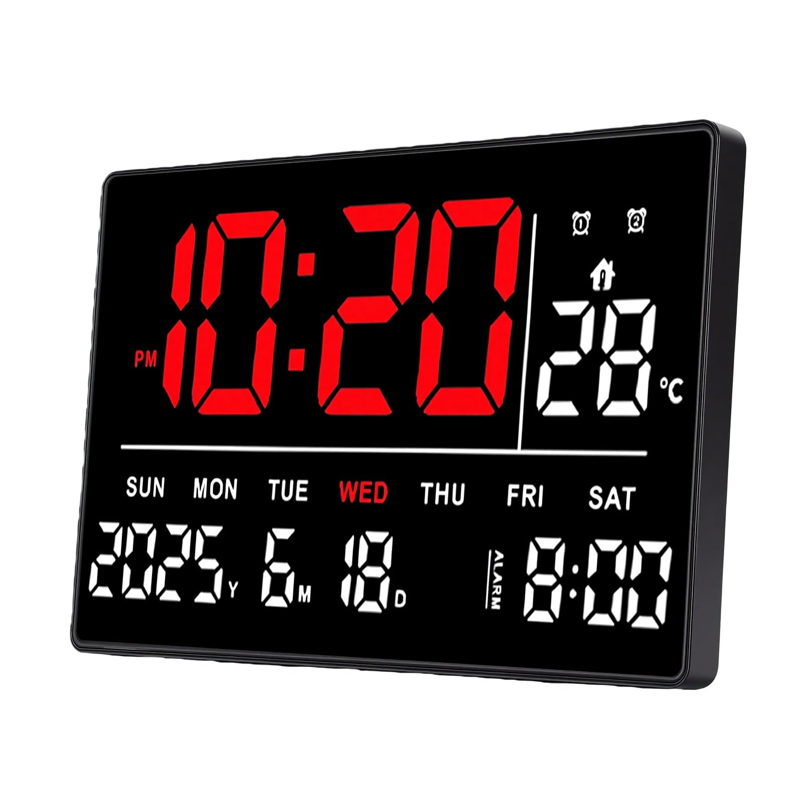 Brrnoo Orologio da Parete Digitale LED, Sveglia con Display Rosso Bianco Ora Data Temperatura Calendario Luminosità Regolabile for Casa Ufficio Scrivania