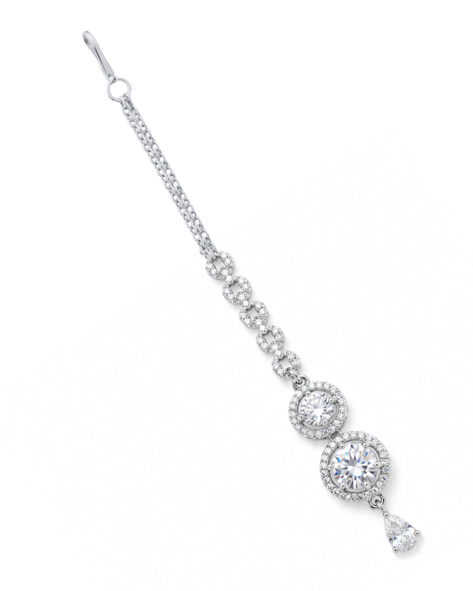 Tanaira Maang Tikka with Stones | Chain Link Design | Teardrop Pendant | Bridal Hair Jewellery,-picture-10