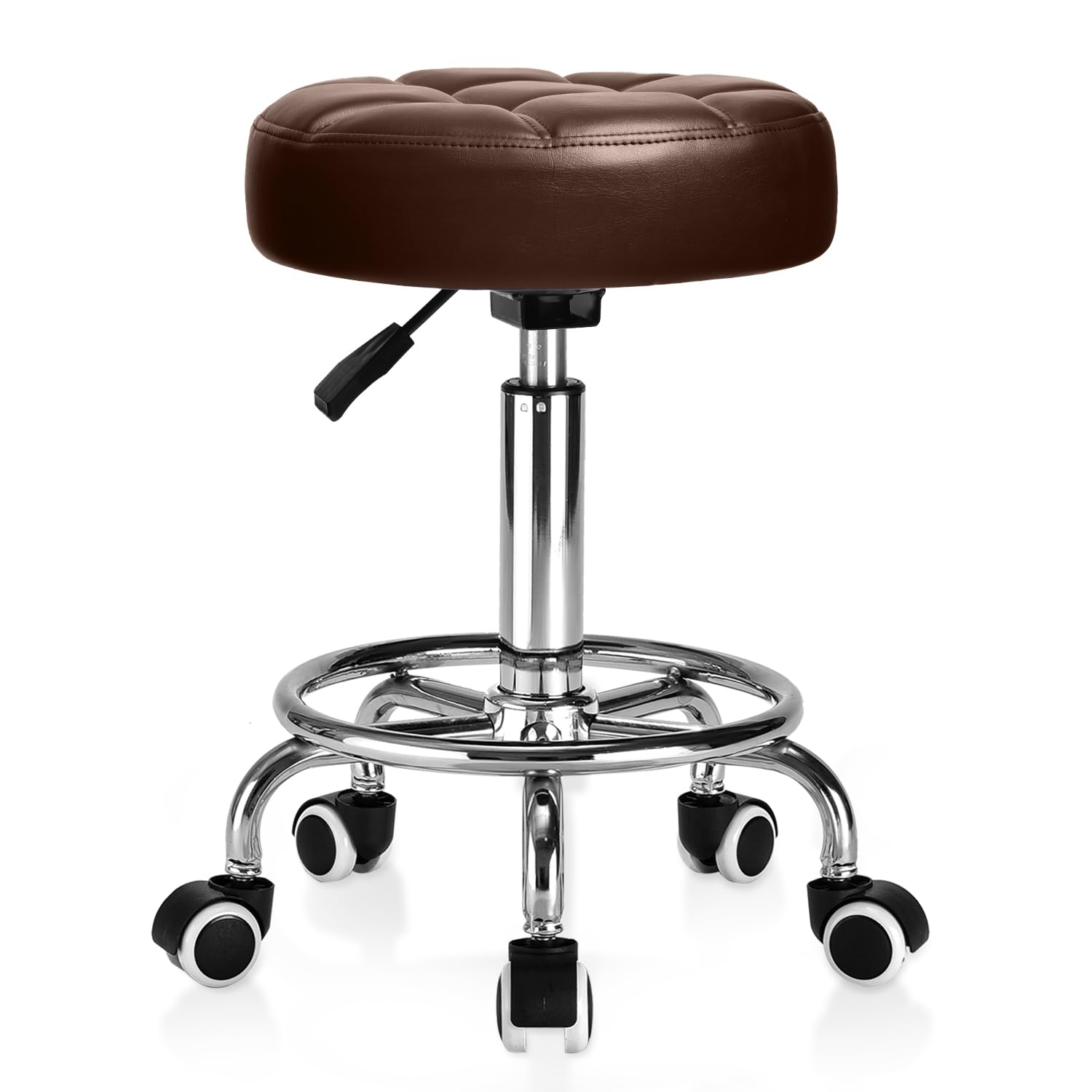 Tabouret Bureau à Large Cousin,Tabouret à Roulettes avec Repose-pied,Tabouret Roulettes Professionnel Réglable en Hauteur,Tabouret a Roulette avec Structure Métallique Robuste pour Cuisines (Marron)
