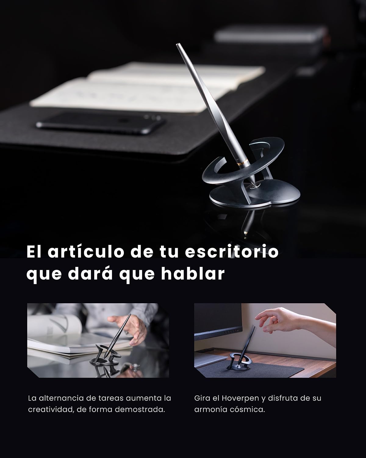 novium Hoverpen Interstellar Edition - Bolígrafo de lujo futurista hecho con aleaciones aeroespaciales, estética única, bolígrafo ejecutivo giratorio gratis, regalos para hombres y mujeres (negro