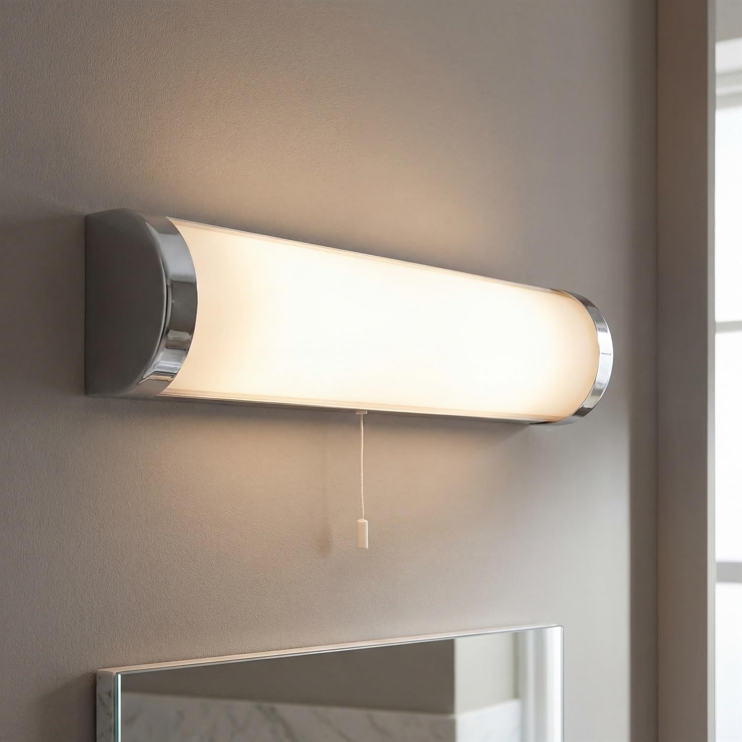 Licht-Erlebnisse Wandlampe Küche mit Zugschalter IP44 Glas Metall blendarm Modern B:40 cm E14 2-flammig Spiegelleuchte Bad Badezimmer Wandleuchte Wandbeleuchtung Innen