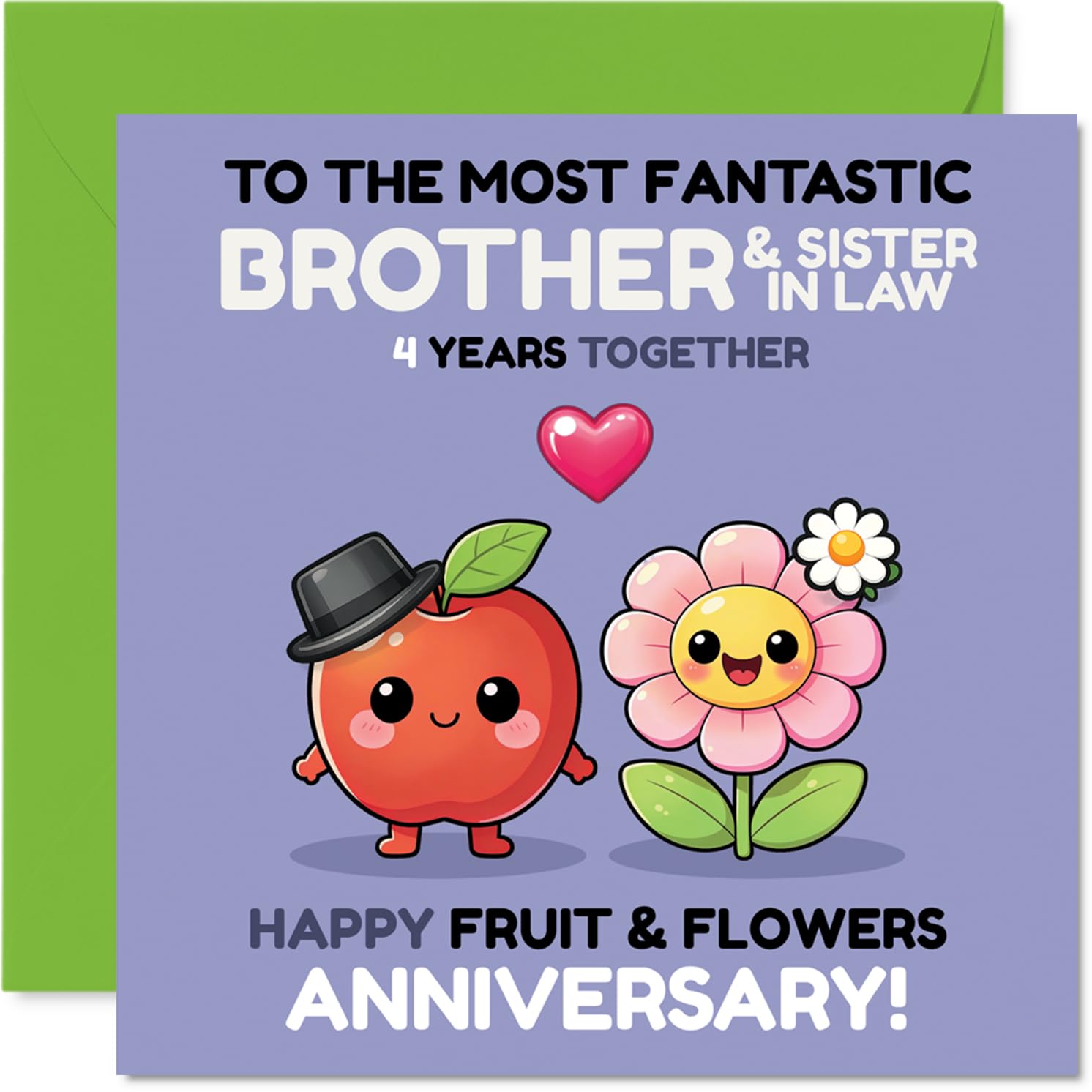 Playful 4th Anniversary Card for Brother & Sister in Law - Bursting with Joy - Cute Fruit and Flower Characters Celebrating Together - 145mm Square, Envelope Included