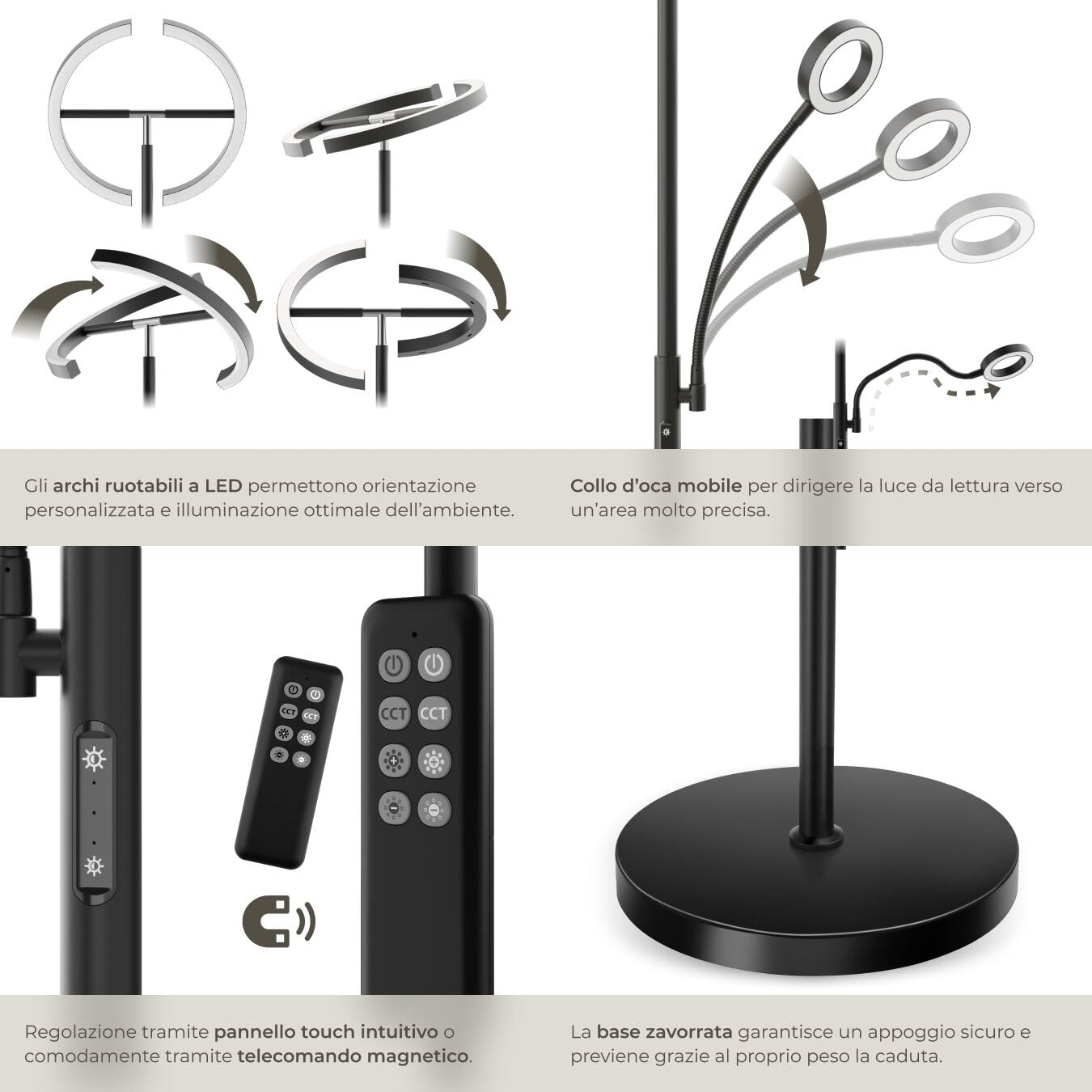 tectake® Lampada da Terra LED 20W, Piantana LED con Luce da Lettura Integrata, Arco Flessibile, Dimmerabile, Temperatura Colore Regolabile, Pannello Touch, Telecomando Magnetico - Nero