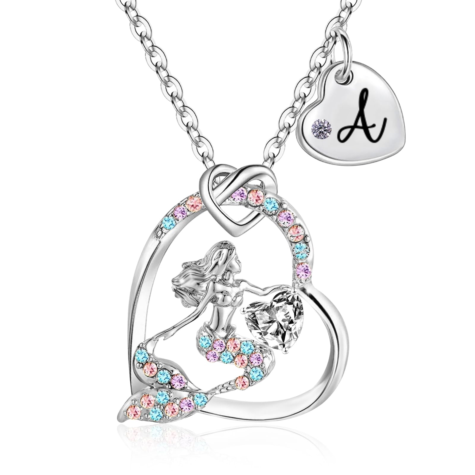 18K Gold Plated Mermaid Necklace - AAA+ Cubic Zirconia Little Mermaid Jewelry for Girls Trendy Kids Mermaid Herat Pendant With Name Birthday Gifts for