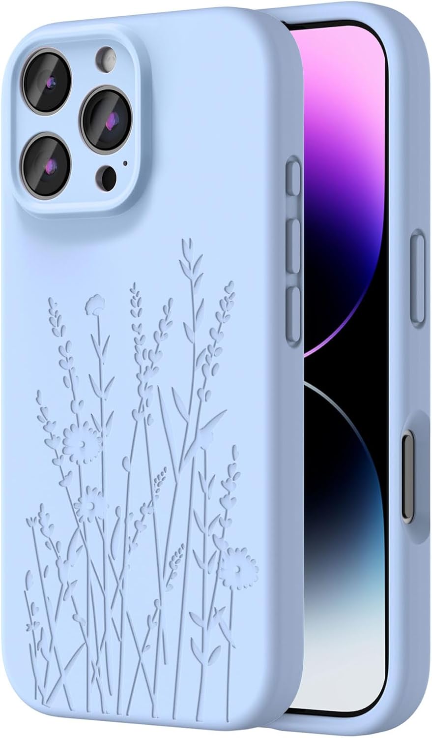 Magnetic Engraved Case Compatible with iPhone 16 Pro Case, Compatible with Magsafe, Camera All-Round Protection, Slim Liquid Silicone Phone Case for Women Girls, Baby Blue Flower