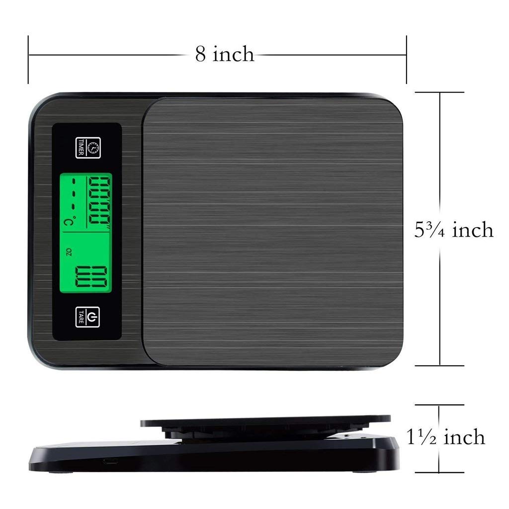 Báscula digital para café, con temporizador, 2000 g/0,01 oz/0,1 g, báscula para joyas, báscula de cocina, báscula para alimentos, báscula profesional multifuncional con pantal(Negro-20*14,5*3cm)