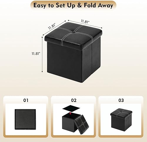 Miniatura 17 de B FSOBEIIALEO Cubo otomano plegable de almacenamiento, reposapiés de piel sintética, mesa de café, 11.8 x 11.8 x 11.8 pulgadas Marrón,Negro