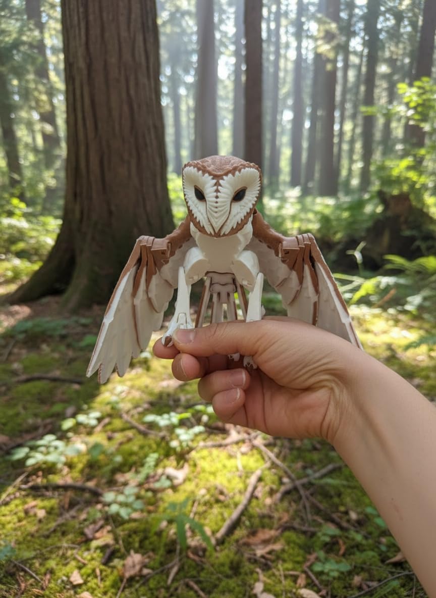 Articulated Barn Owl – 3D-Printed Poseable Owl Figurine with Movable Wings & Tail, Stress-Relief Fidget Toy & Decorative Desk Collectible for Adults (Brown/White, Medium Multicolor)
