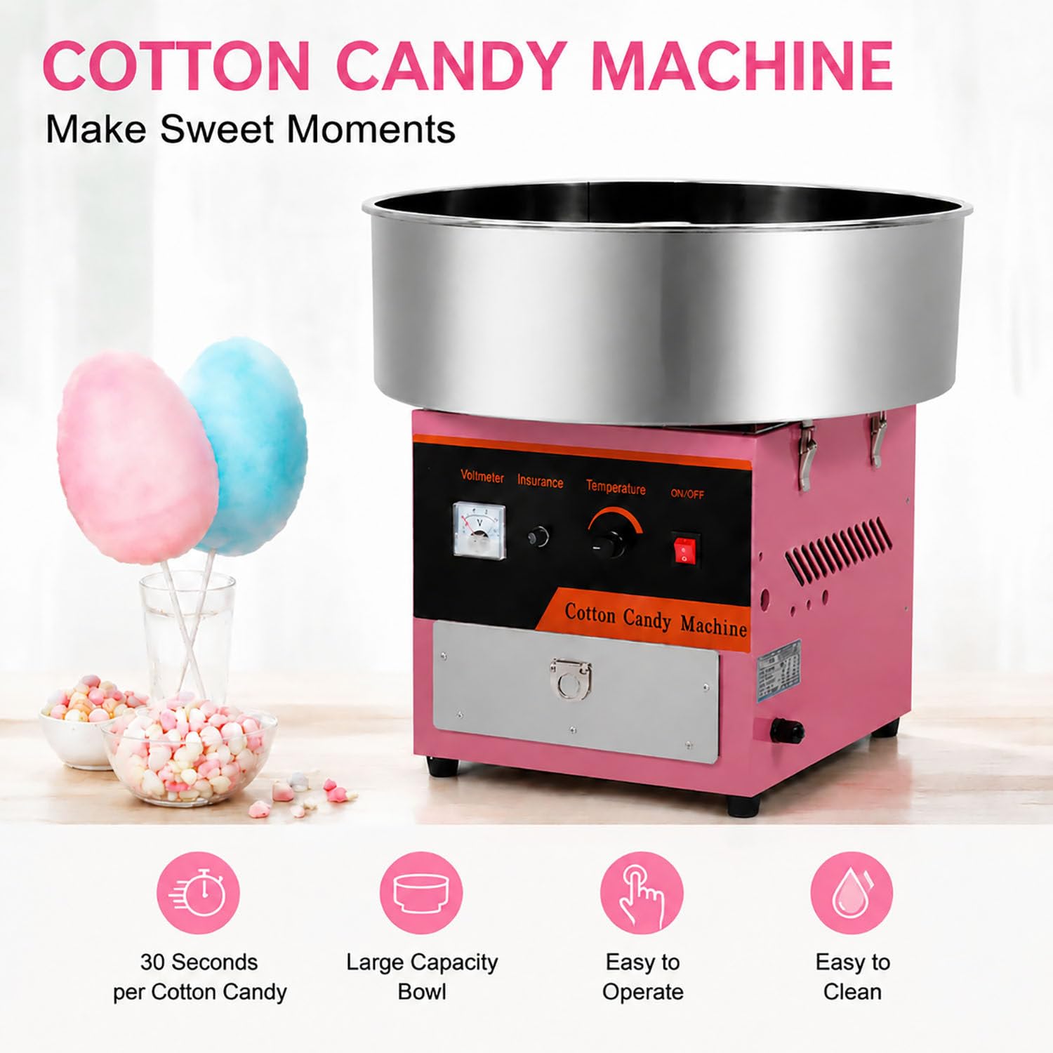 Elektrische Zuckerwattemaschine in Pink für Zuhause und Geburtstagsfeiern,980 W,Edelstahl,mit Voltmeter und Einstellbarer Temperatur, leicht zu reinigen,für Kinder und die ganze Familie