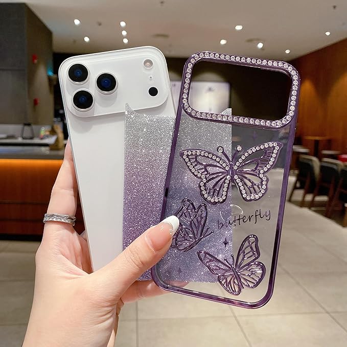 Image of Elzzi Electroplated Butterfly Phone Cover for iPhone 17 Pro Max Case, Showcasing Pearlescent Diamond TPU, Camera Protection, Shockproof, Dropresistant Stylish for Girls & Women (Deep Purple)