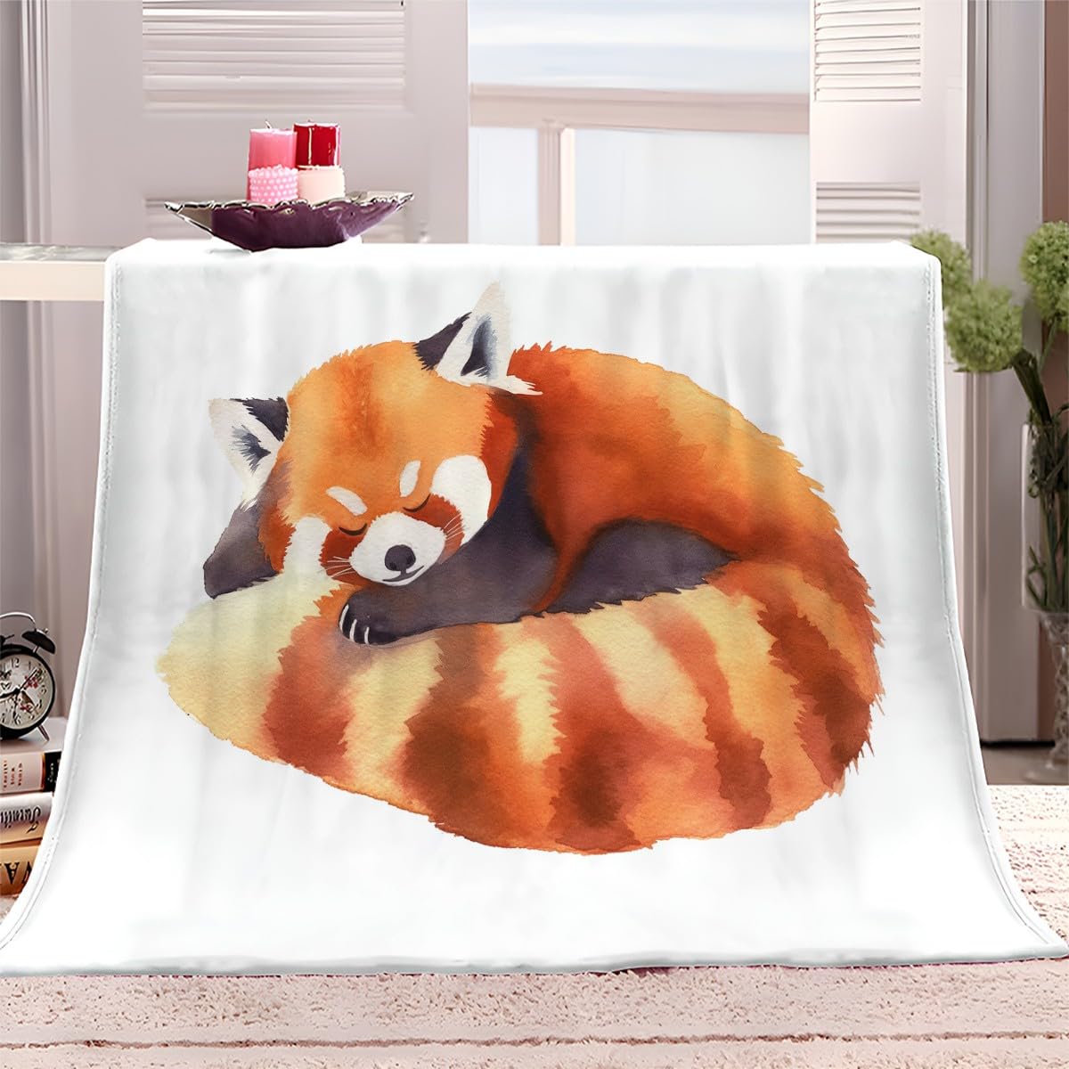 Plaid polaire douce et duveteuse motif panda roux, couverture flanelle thermique 130x150