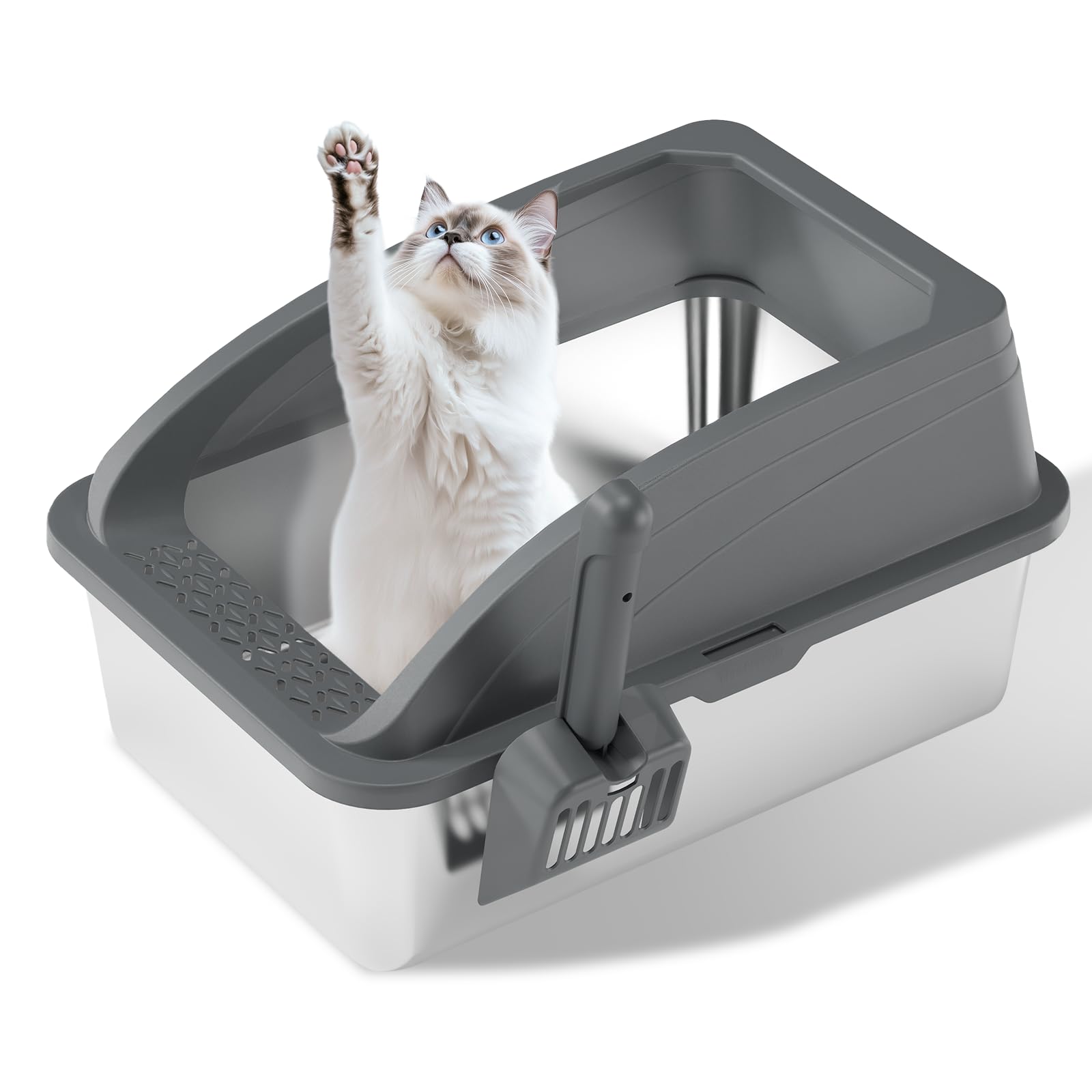 Stainless Steel Litter Box, Metal Litter Box with Scoop, High-Sided Leak-Proof Design, Non-Stick Base, Easy to Clean for Cat, Rabbit, Guinea Pigs and Hamsters