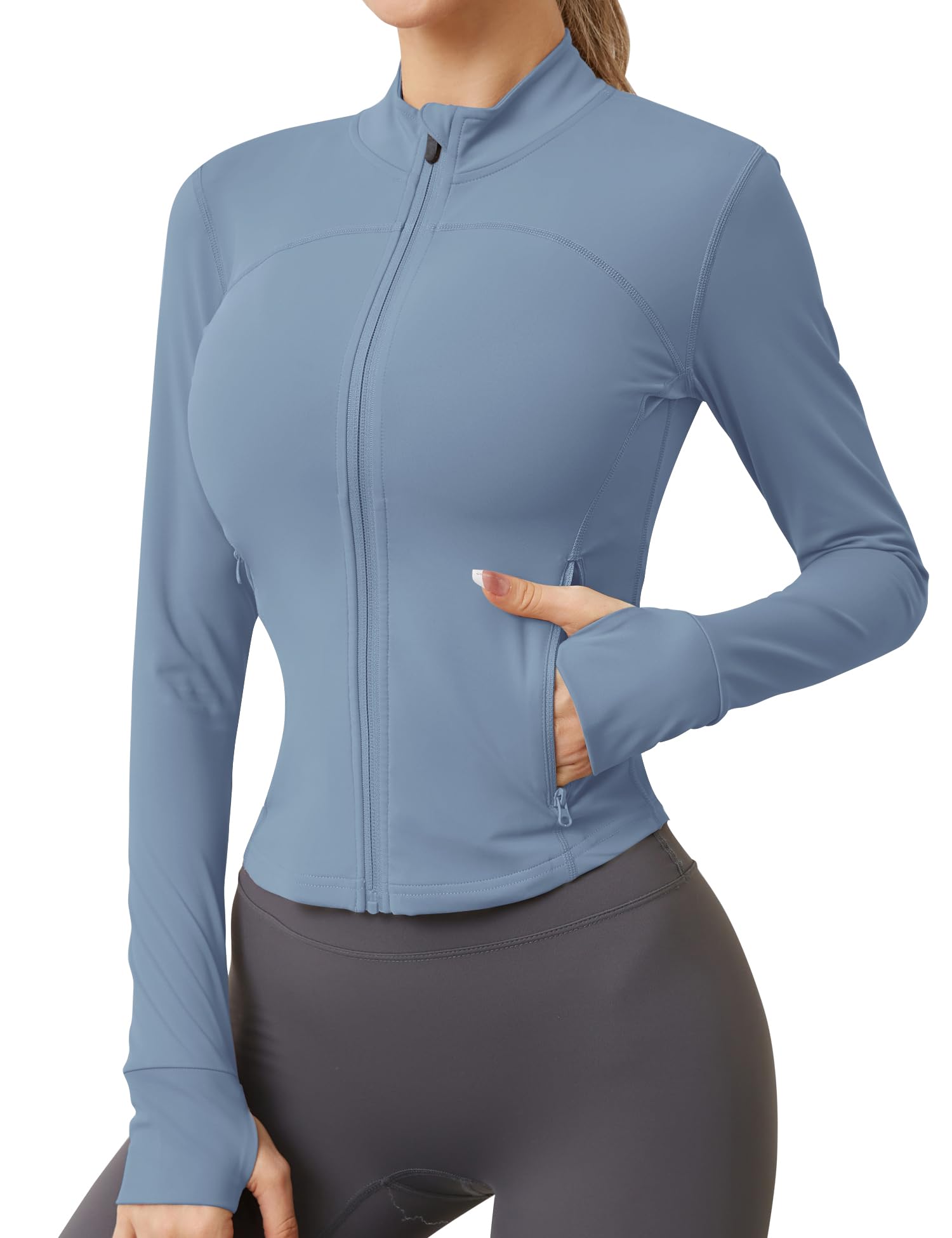 IECCP Damen Sportjacke Laufjacke Langarm Gym Tops Yoga Fitness Sport Oberteile Zwei Reißverschlusstaschen Leicht Trainingsjacke mit Daumenloch