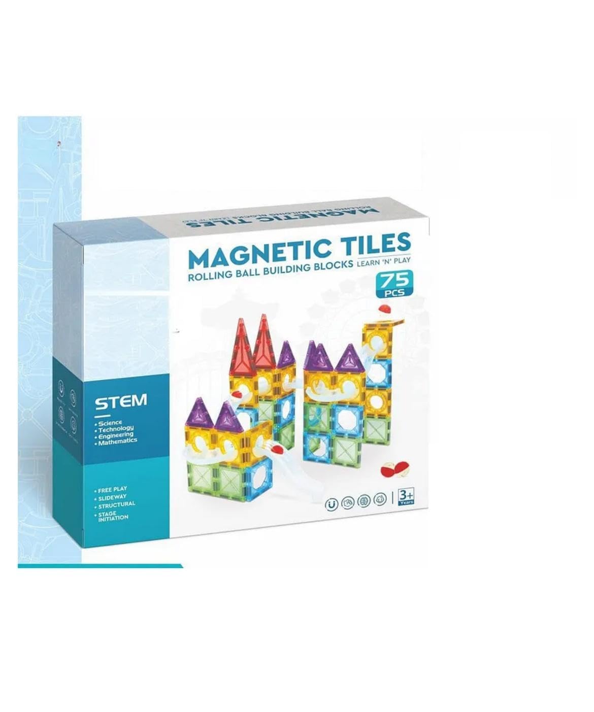 75-Piece Magnetic Tiles Rolling Ball Building Blocks | STEM Marble Run Construction Set | Creative Educational Building Toy for Boys & Girls (3+ Years)-image-12