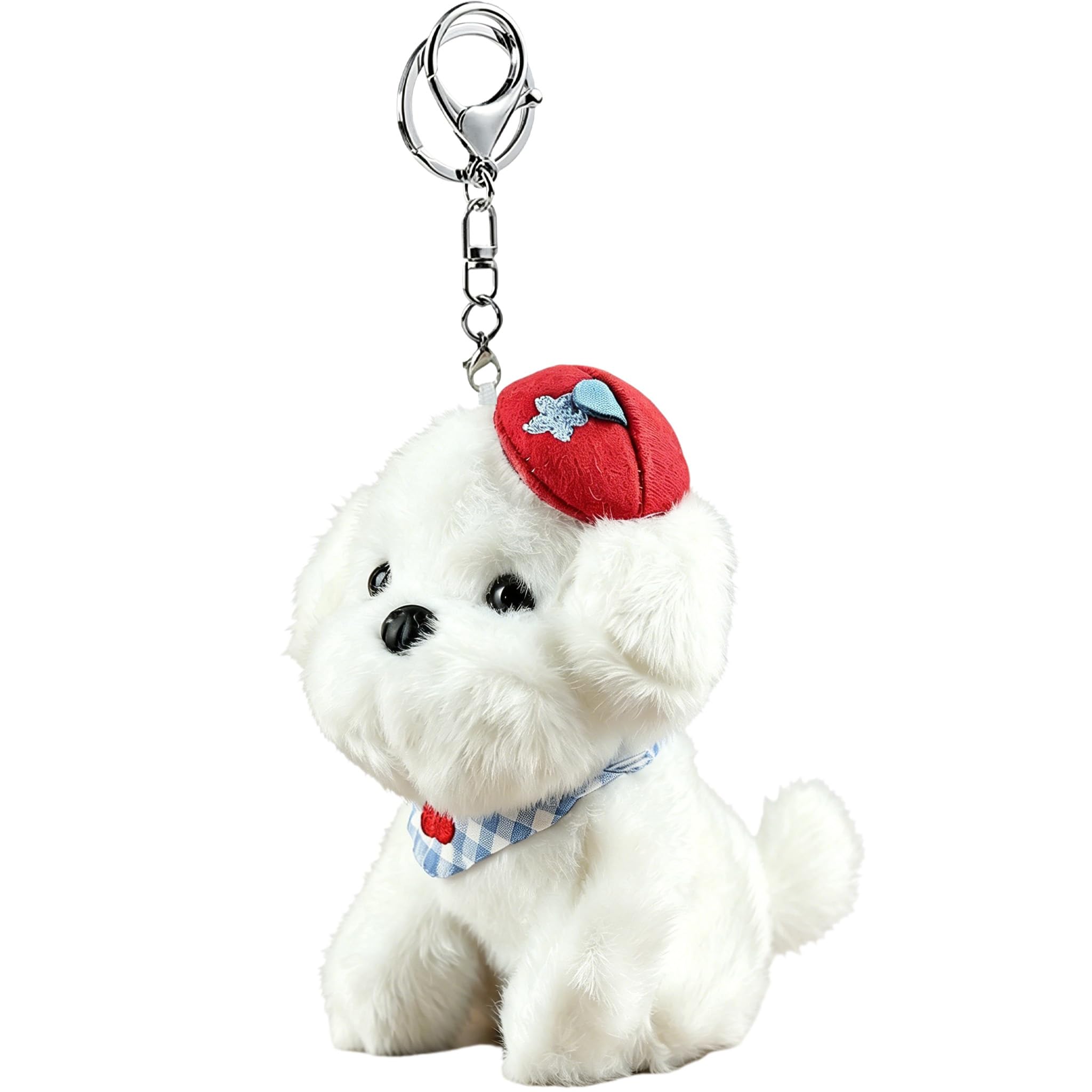 Glimbely Cute Plush Puppy Crouching Down Charm for Backpack, Kawaii Car Keychain Holder Cute Stuffed Animal Purse Charms for Handbags (White)