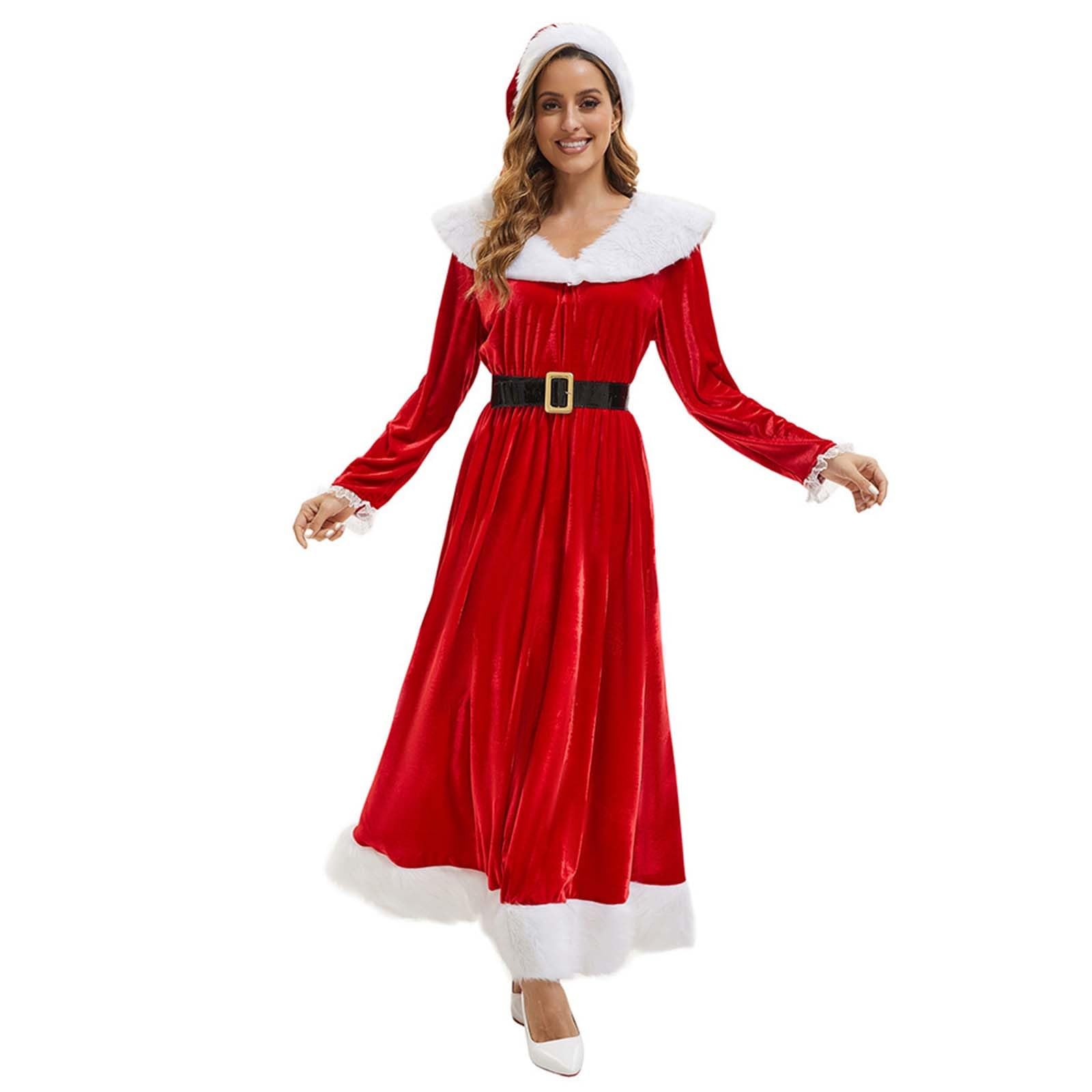 Generisch Vestito di Natale da donna, in velluto, a maniche lunghe, con scollo a O, per feste, Babbo Natale, per adulti