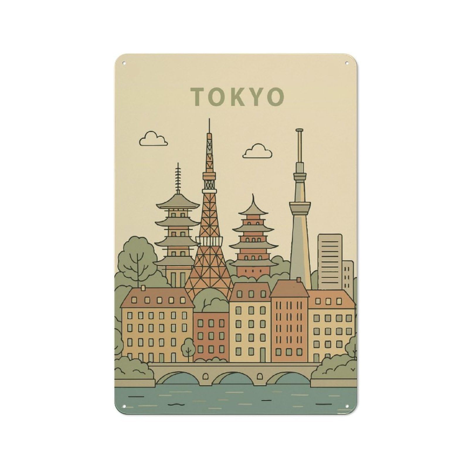 Junmoney Tokyo Vintage Illustration Tin Wall Plaque 30X20cm With For Garage Or Workshop, For Living Room, Hallway And Entrance Wall Decor