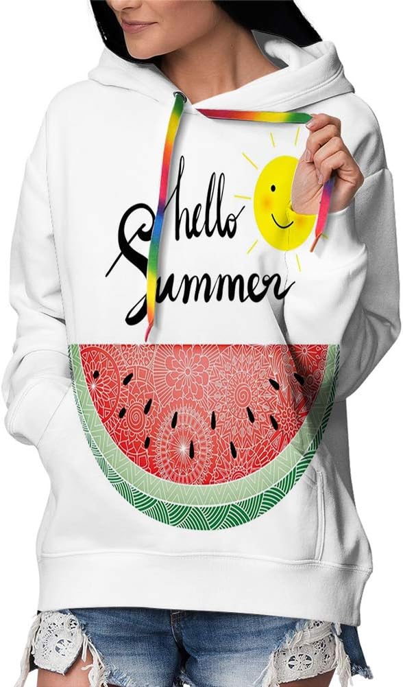 Women's Pullover Hoodie Sweatshirt,Abstract Design with Zentangle Patterned Watermelon Slice and Smiling Sun XXL