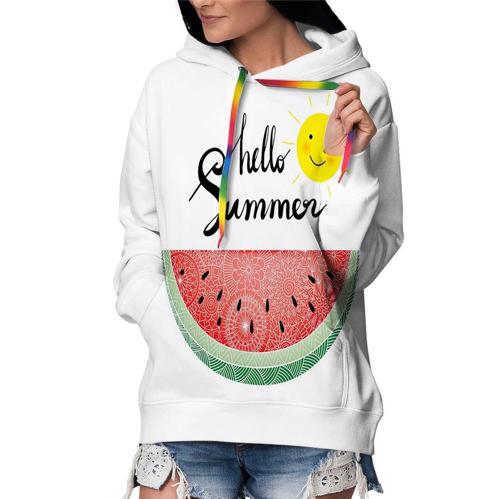 Women's Pullover Hoodie Sweatshirt,Abstract Design with Zentangle Patterned Watermelon Slice and Smiling Sun XXL