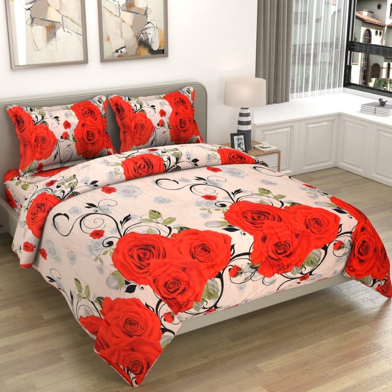 Luxury Trends Warm/Lightweight Super Soft King Size Double Bedsheet for Winter (90 x 100 Inch) with 2 Pillow Cover (18 x 28) - White & Red Flower