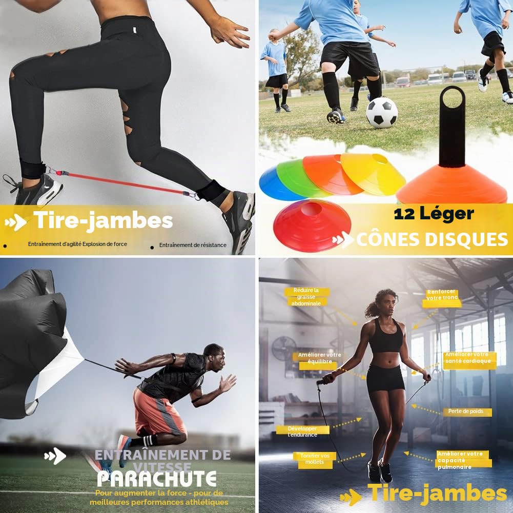Kit d'entraînement d'agilité de vitesse, équipement d'entraînement de football, échelle d'agilité, parachute de résistance, 20 cônes de disque, bandes de résistance pour les jambes, 4 haies