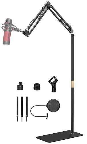 Microphone Floor Stand for Blue Yeti, Nano, Snowball, HyperX,Razer,Logitech USB and Condenser Mic,Adjustable Boom Arm Stand with 1/4'' Thread and 3/8" 5/8" Adapter, Pop Filter, Mic Clip, Cable Ties