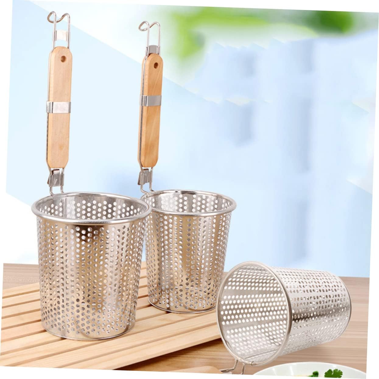 Stainless Steel Pasta Basket with Wooden Handle, Deep Basket Strainer