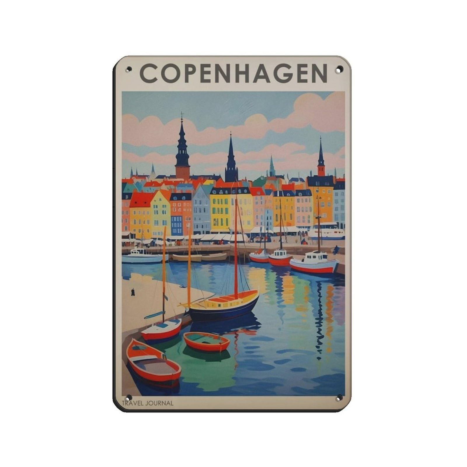 Copenhagen Travel, Denmark Poster Tin Sign Vintage Metal Pub Club Cafe Bar Home Wall Art Decoration Poster Retro 8x12inch(20x30cm)