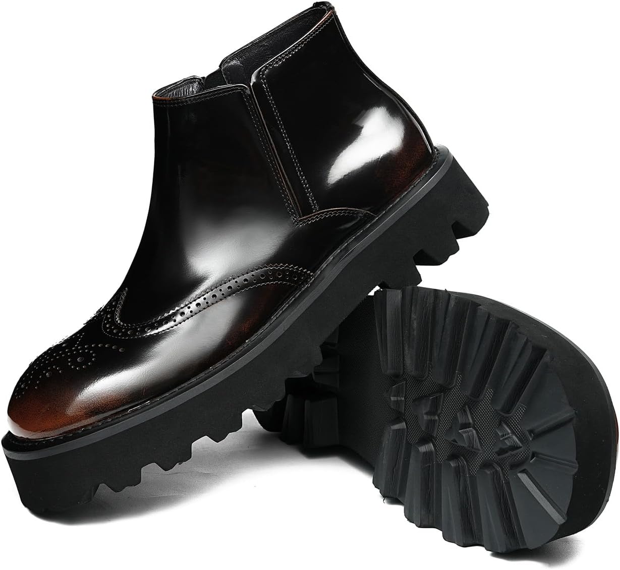 Santimon Men's Patent Leather Wingtip Ankle Chelsea Boots -Fashion Dress Casual Boots with Side Zipper, Brogue Detail & Chunky Lug Sole for Business, Wedding