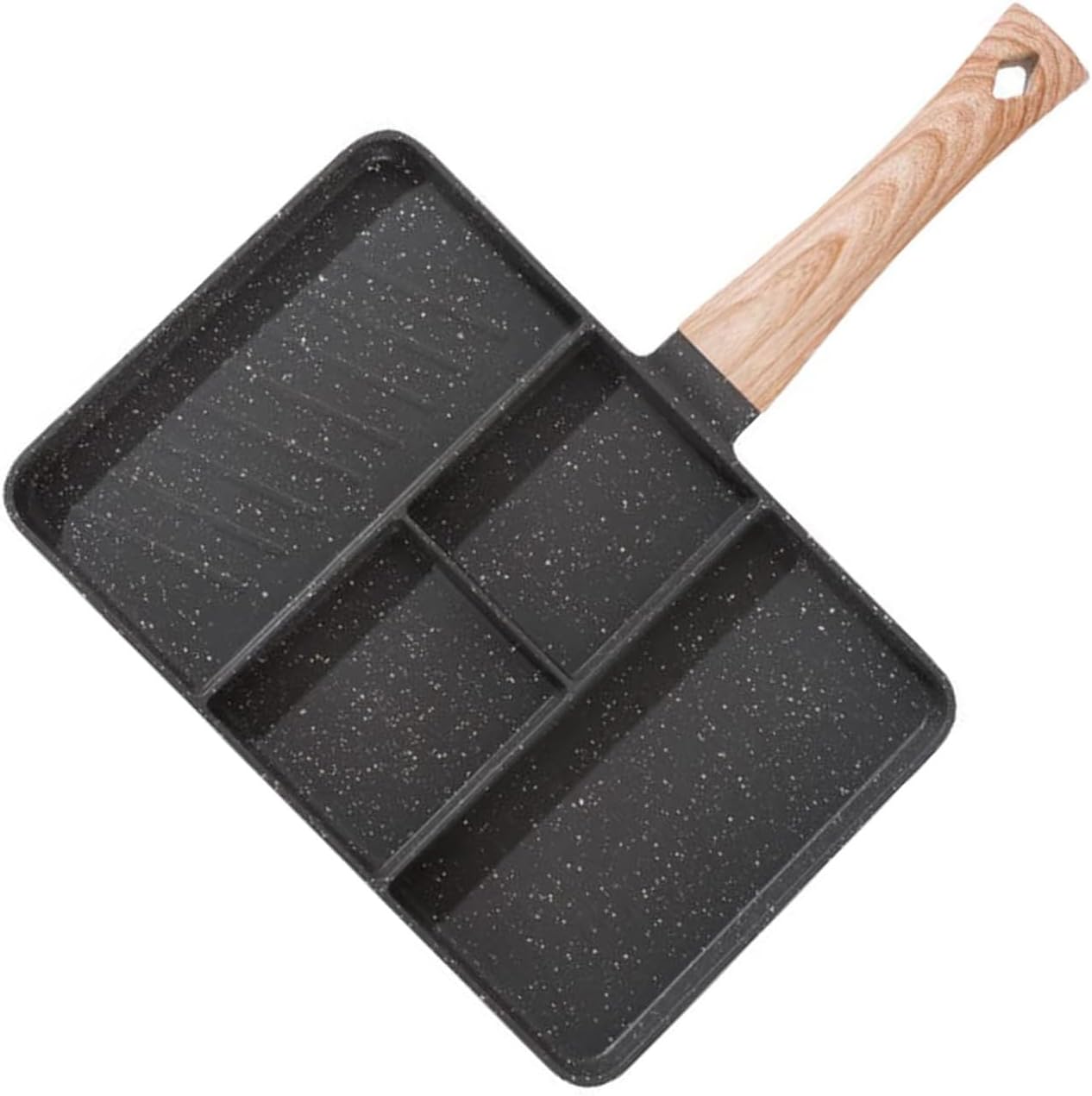 JuneSunのノンスティックフライパンは4つの穴があり、卵焼きやステーキ、朝食やお弁当の準備に最適です。IHとガスコンロに対応し、