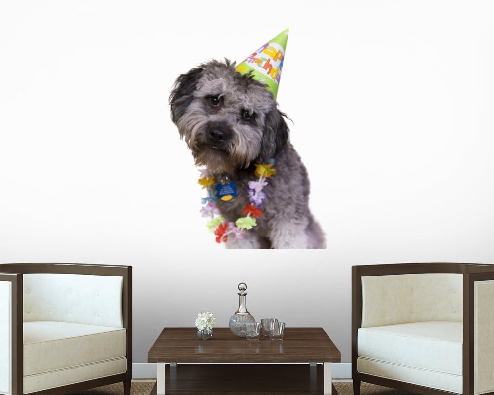 Cute Dog in His Birthday Hat and Lei Wall Decal - 52 Inches H x 35 Inches W - Peel and Stick Removable Graphic