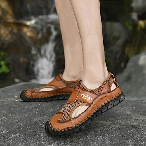 Lltmall Men's Closed Toe Sandals Summer Breathable Comfortable Leather Mesh Sandals Casual Outdoor Walking Loafers Brown 13.5 #TOP5