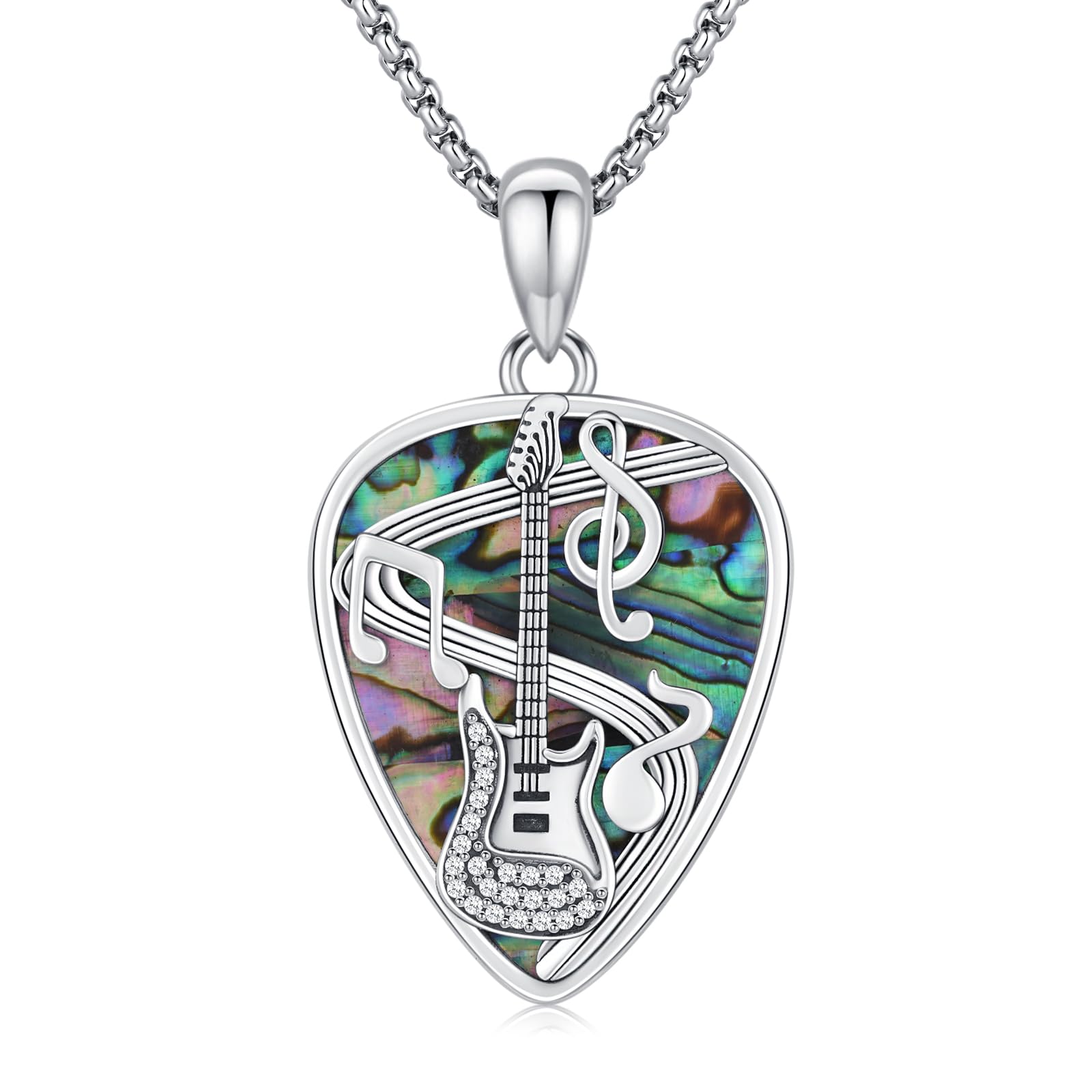 Twoowl Guitar Pick Necklace 925 Sterling Silver Guitar Pick Pendant Soundwave Guitar Pick Pendant with Music Note Jewelry Musicians Gift for Women Men