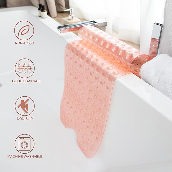 TEESHLY Bathtub Mats for Shower Tub Extra Long Non-Slip Bath Mat, Shower Mat with Drain Holes and Suction Cups, Bath Tub Mat for Bathroom with Machine Washable (Translucen Coral Pink)