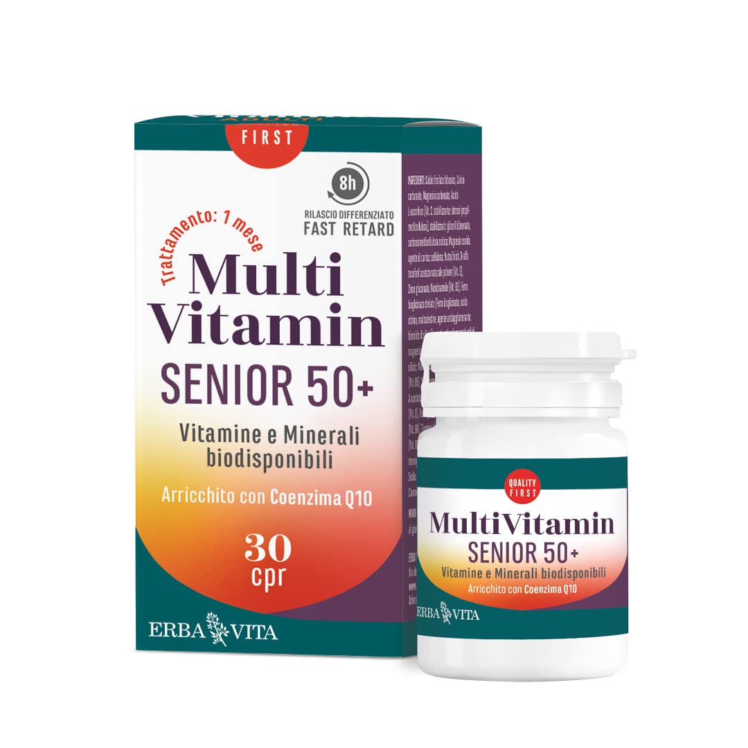 ERBA VITA Multivitamin Senior 50+ integratore alimentare a base di vitamine e minerali e arricchito con Coenzima Q10, con tecnologia Fast/​Retard