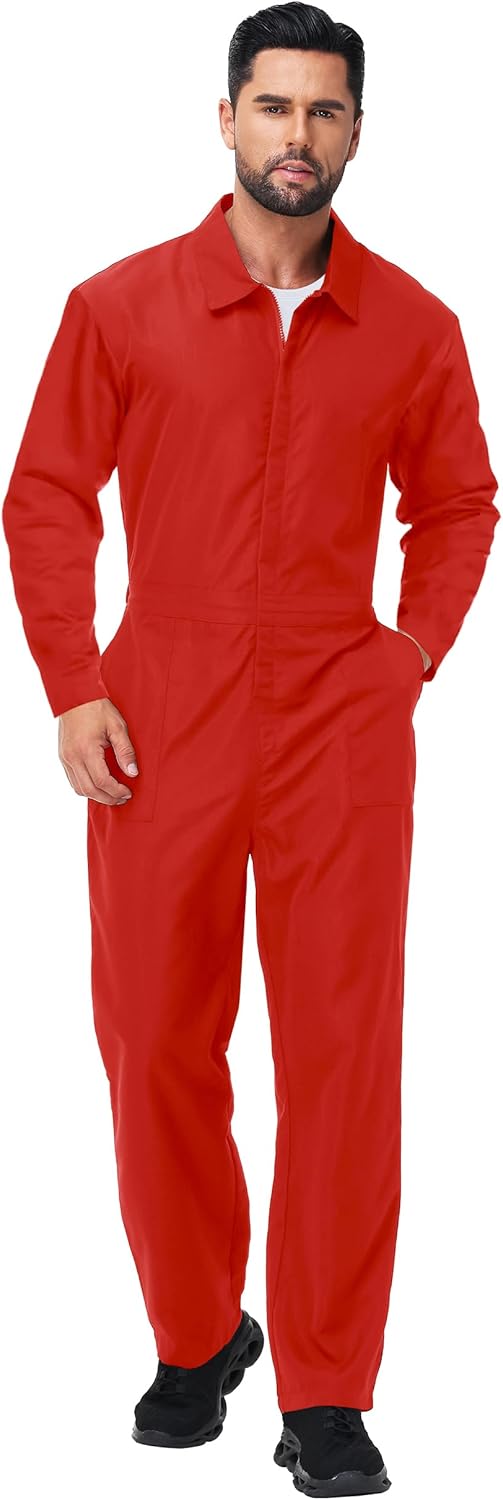 Men's Halloween Long Sleeve Zipper Jumpsuit Mechanic Work Costume Solid Color Coveralls