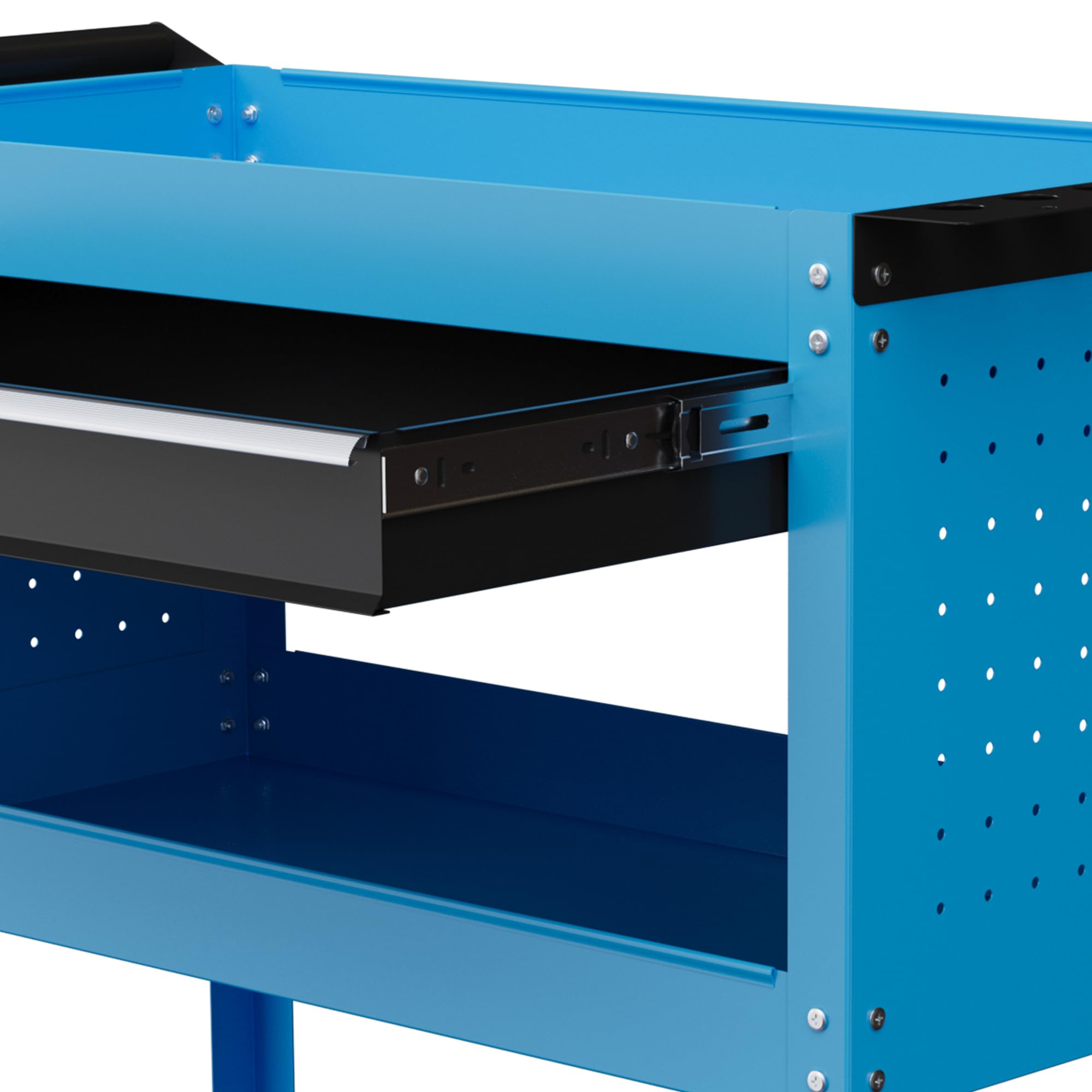 DURHAND Carro de Taller, Carro de Herramientas con 3 Bandejas, Cajón, Panel Lateral Perforado, Asa Lateral, Ruedas con Frenos, para Garaje Mecánico, Hogar, Azul