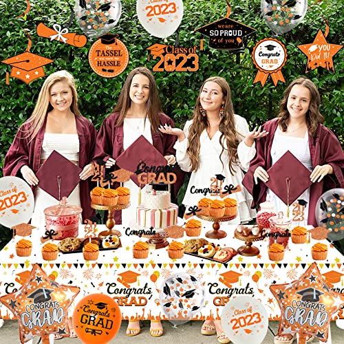 2023 Graduation Party Decoration Orange And Black, Congrats Grad Backdrop & Tablecloth Cake Toppers - We Are So Proud Of You Hanging Swirls Star Foil Balloons For Class Of 2023 Party Supplies #TOP2