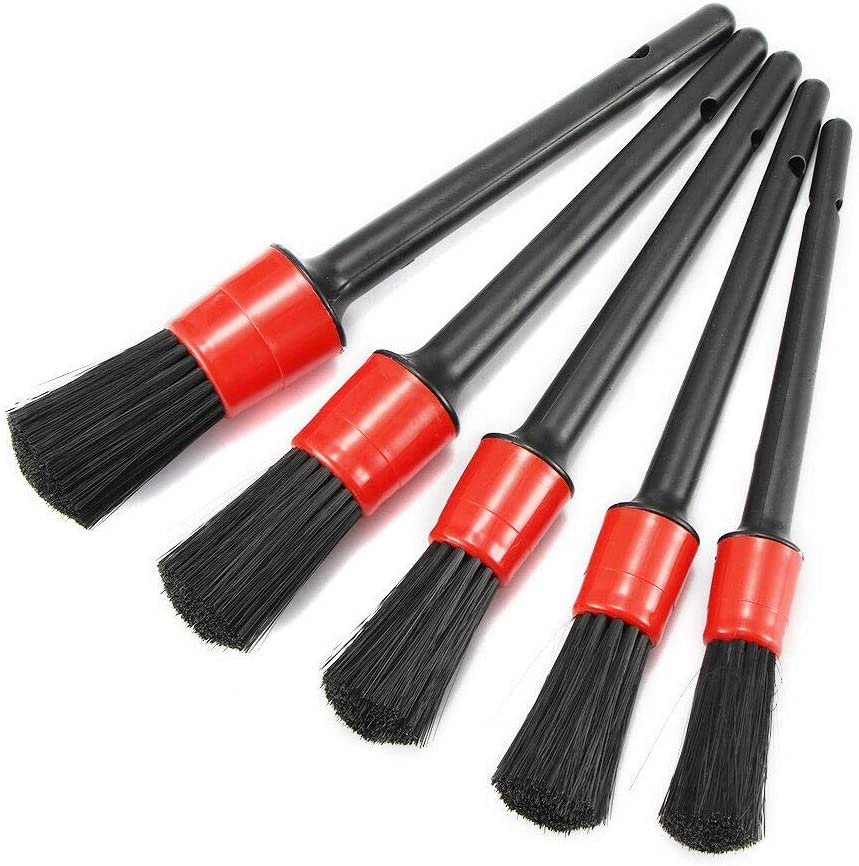 Detailing Brush Set - 5 Different Sizes Natural Hair Mixed Fiber Plastic Handle Automotive Detail Brushes for Cleaning Wheels Car, Engine, Interior