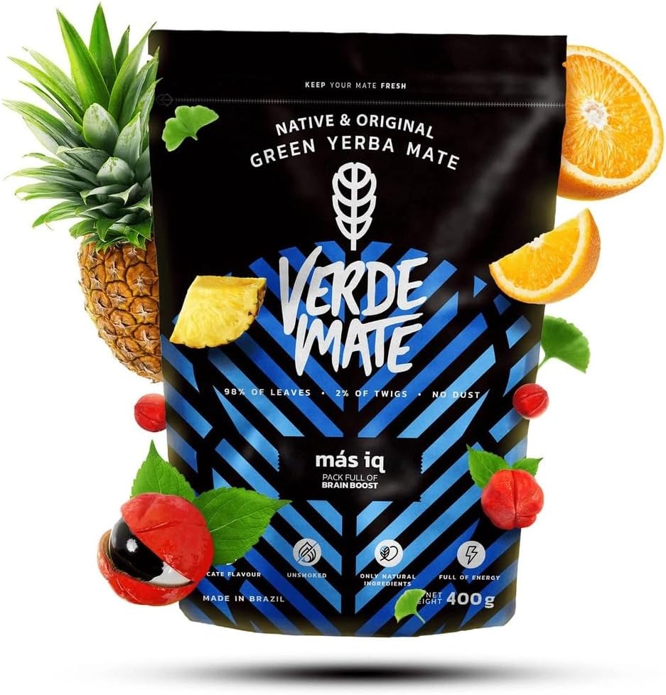 Verde Mate Yerba Mate Tea Mas IQ 400g – Air‑dried, Unsmoked, Without Stems or Powder, with Guarana and Ginseng, Natural Focus Blend from Brazil