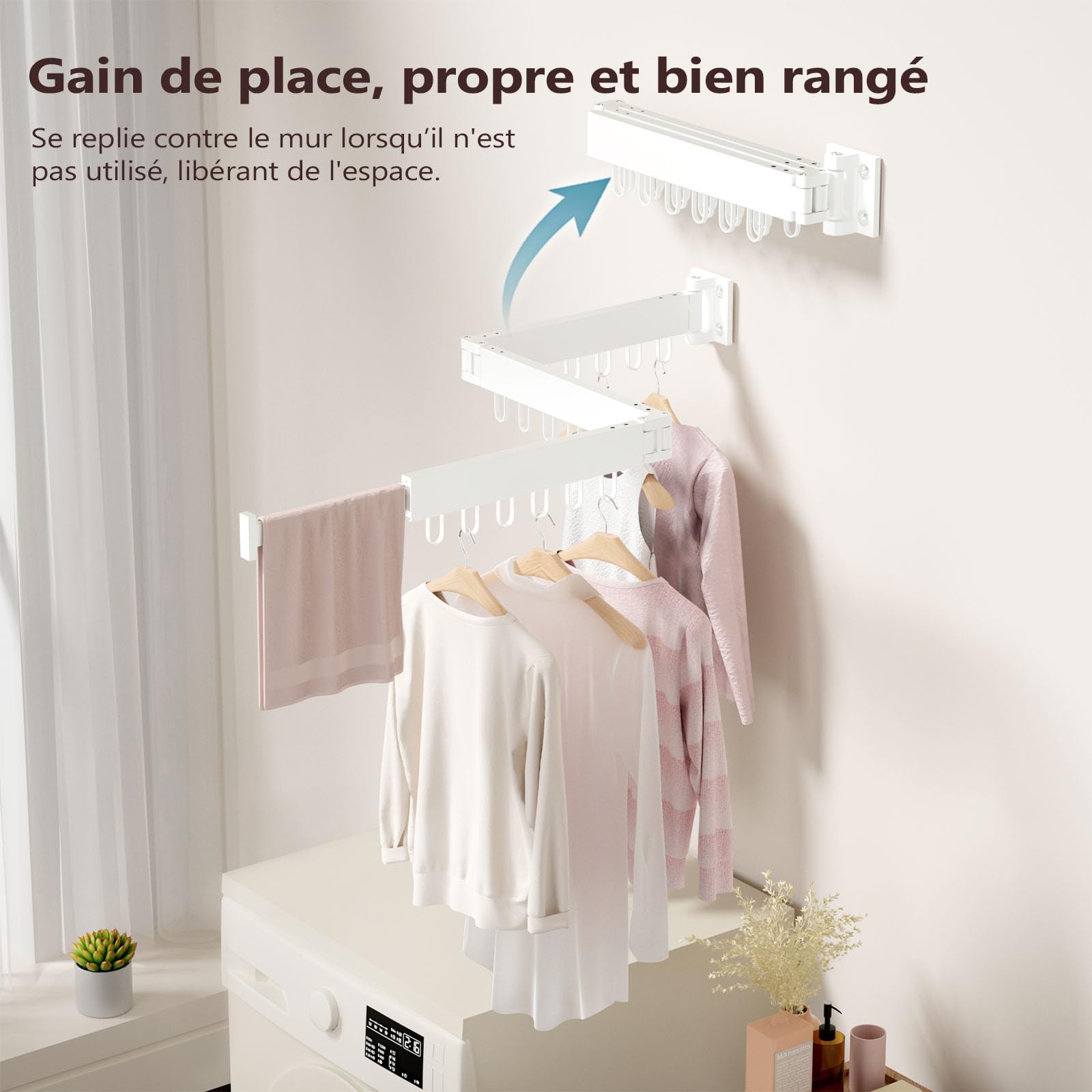 JAUREE Séchoir à Linge Murale, Séchoir à Linge Escamotable et Pliable, Séchoir à Vêtements Mural Économiseur d'Espace, Séchoir Rétractable Tripliable pour Intérieur/Extérieur avec 18 Crochets, Blanc