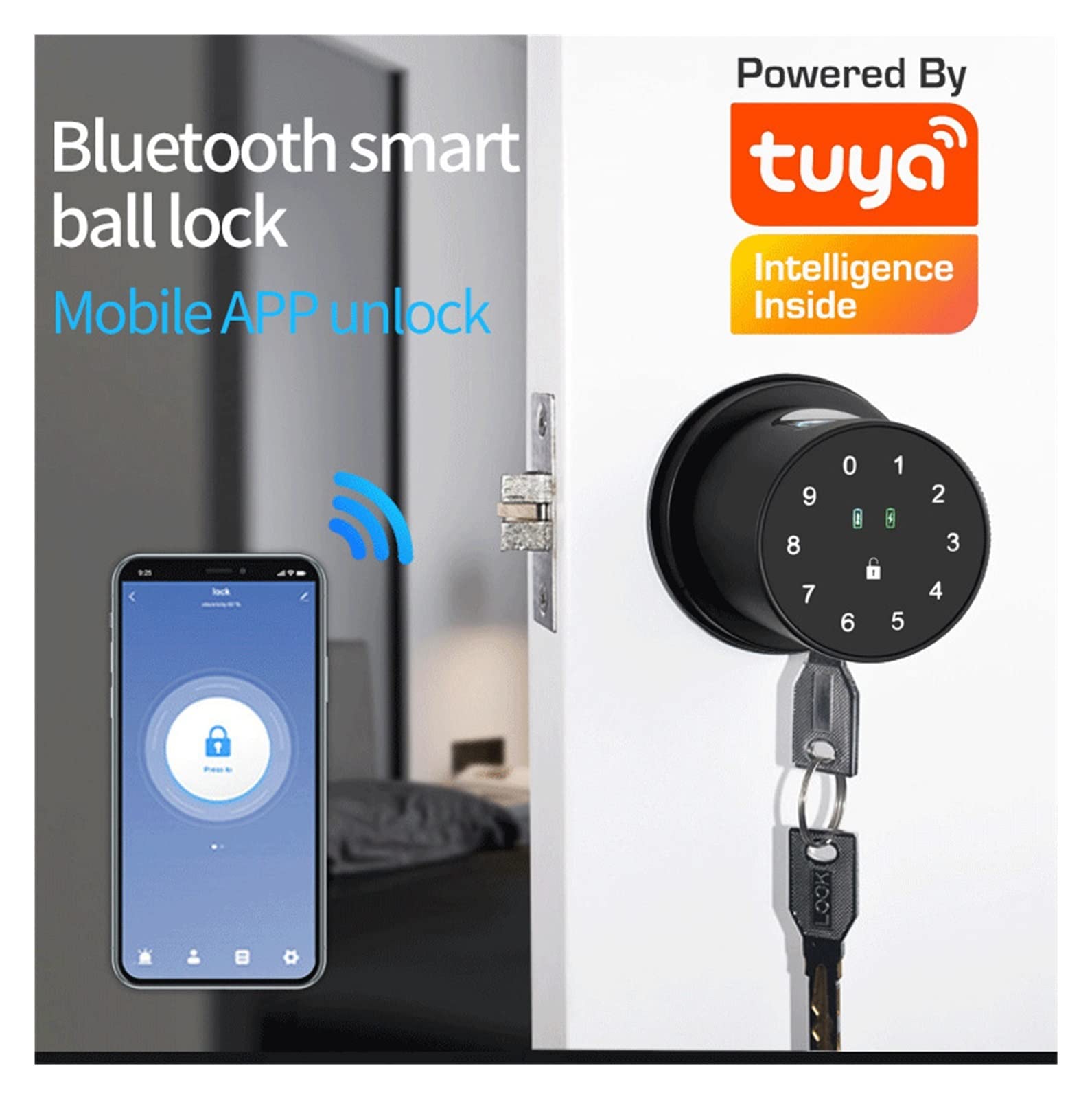 Serratura Smart, Serratura elettronica Tuya Smart Lock Manopola Impronte digitali cilindriche Blocco codice elettronico Controllo APP,per camere da letto, uffici e hotel
