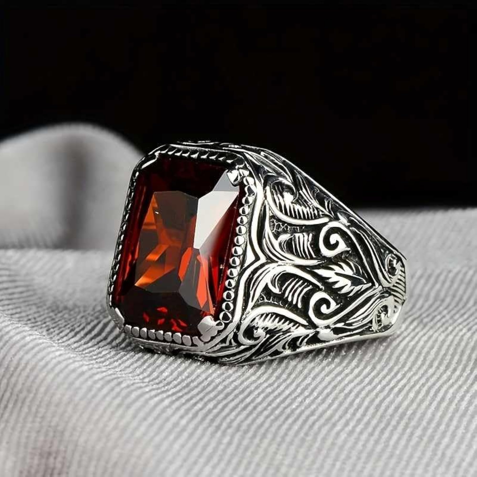 Men's Artificial Ruby & Clear Stone Silver Tone Statement Ring
