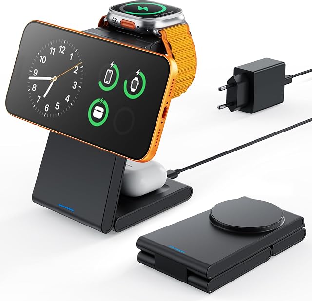 GEEKERA 3-in-1 Faltbar Ladegerät für Mag-Safe, Induktive Ladestation für Apple Watch und iPhone, Induktionsladegerät Kompatibel mit iPhone Air/17/16/15/14/13/12, Apple Watch 11-2, AirPods, Mattschwarz